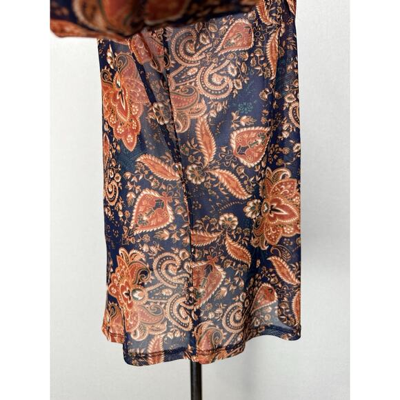 PerSeption Concepts XL Navy Blue Orange Button front V-neck Sheer Blouse Top - Picture 7 of 15